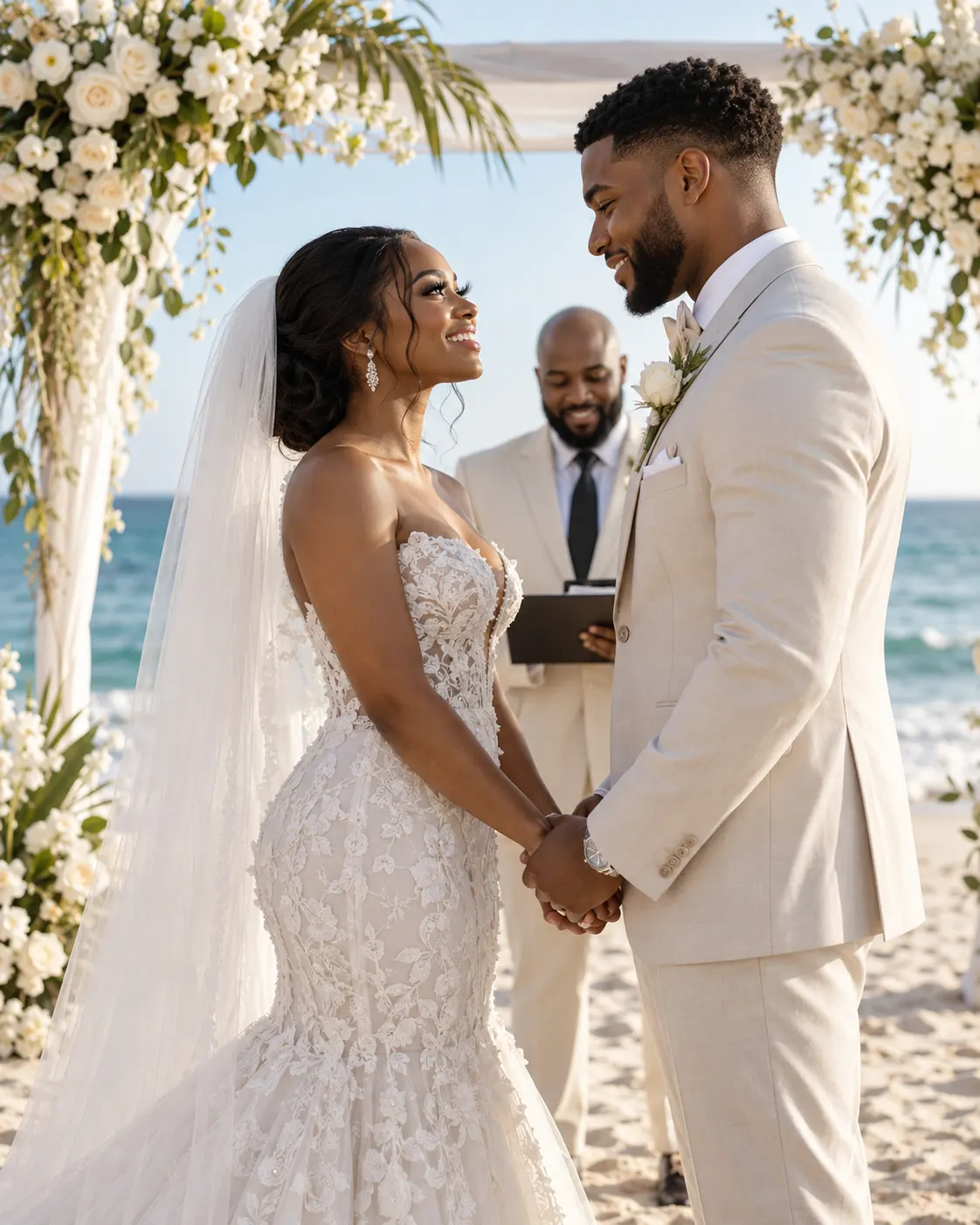 A bride and groom holding hands at their beach wedding ceremony
