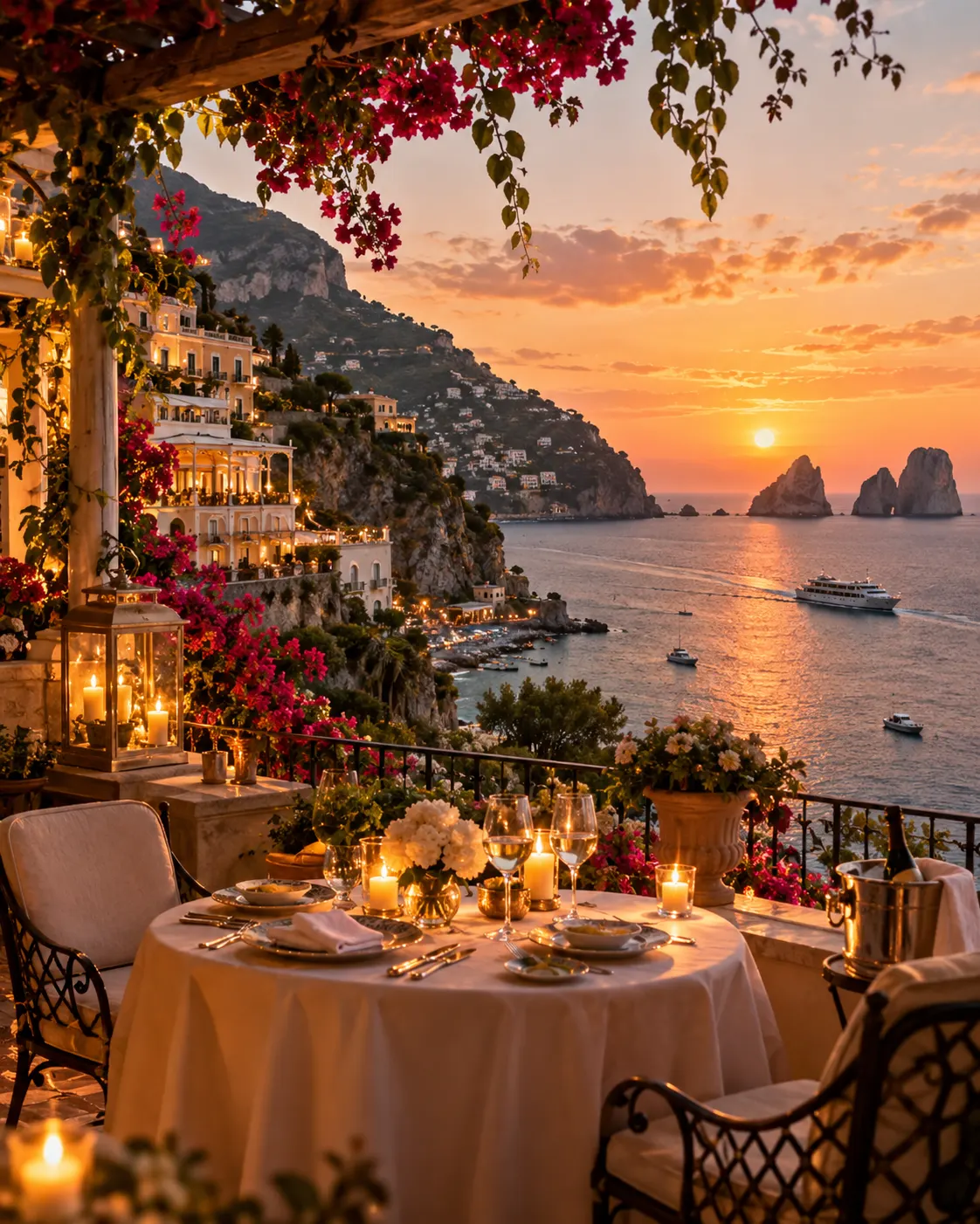 A candlelit terrace table above the sea at sunset on the Amalfi Coast
