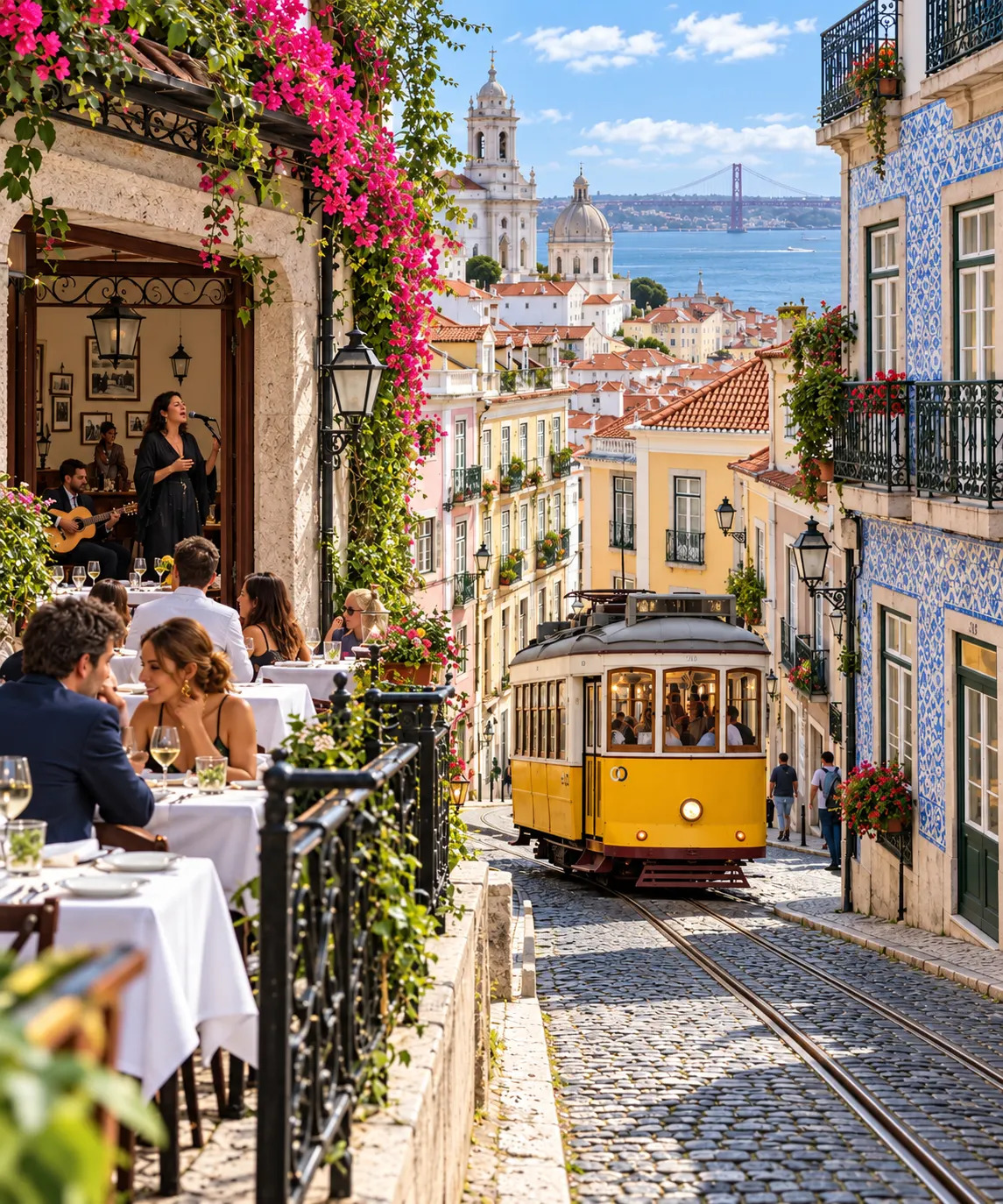 A yellow tram passing café tables on a Lisbon street